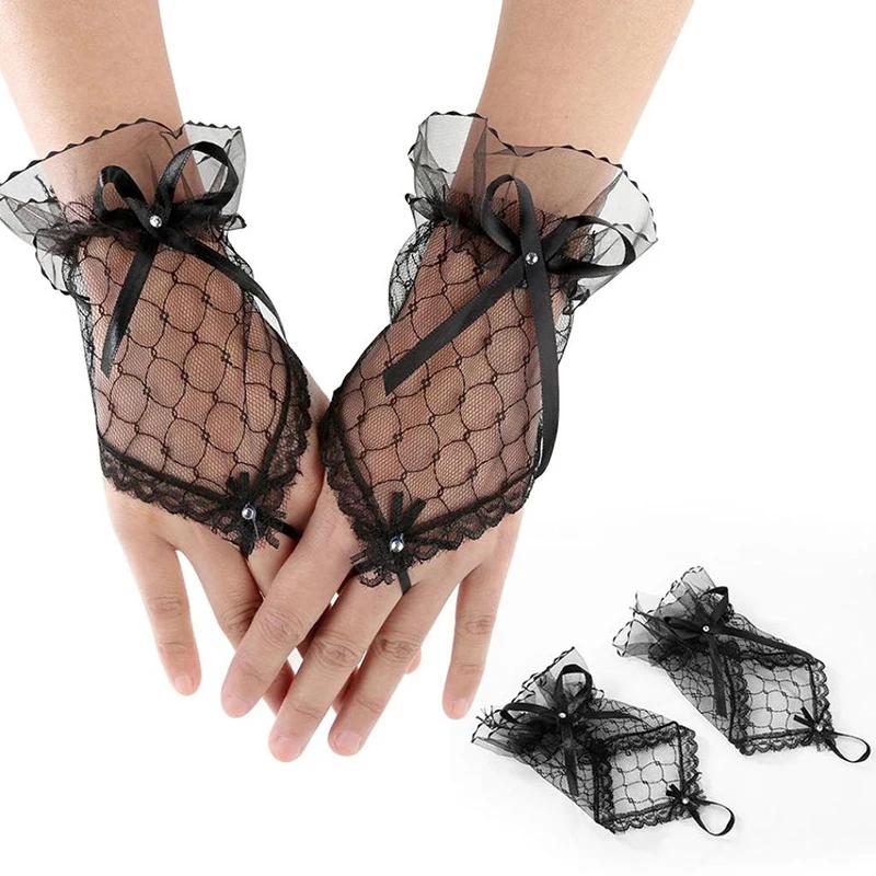 Women Lace Fingerless Gloves Solid Color White Black Red Bride Party Gloves Lady See Through Short Gloves Female Elegant Glove