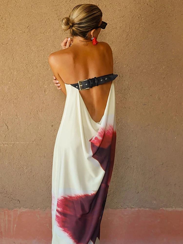 JULISSA MO Sexy Strapless Print Floral Belt Women Maxi Dress Yellow Backless Vacation Dress Summer Loose Elegant Party Beachwear