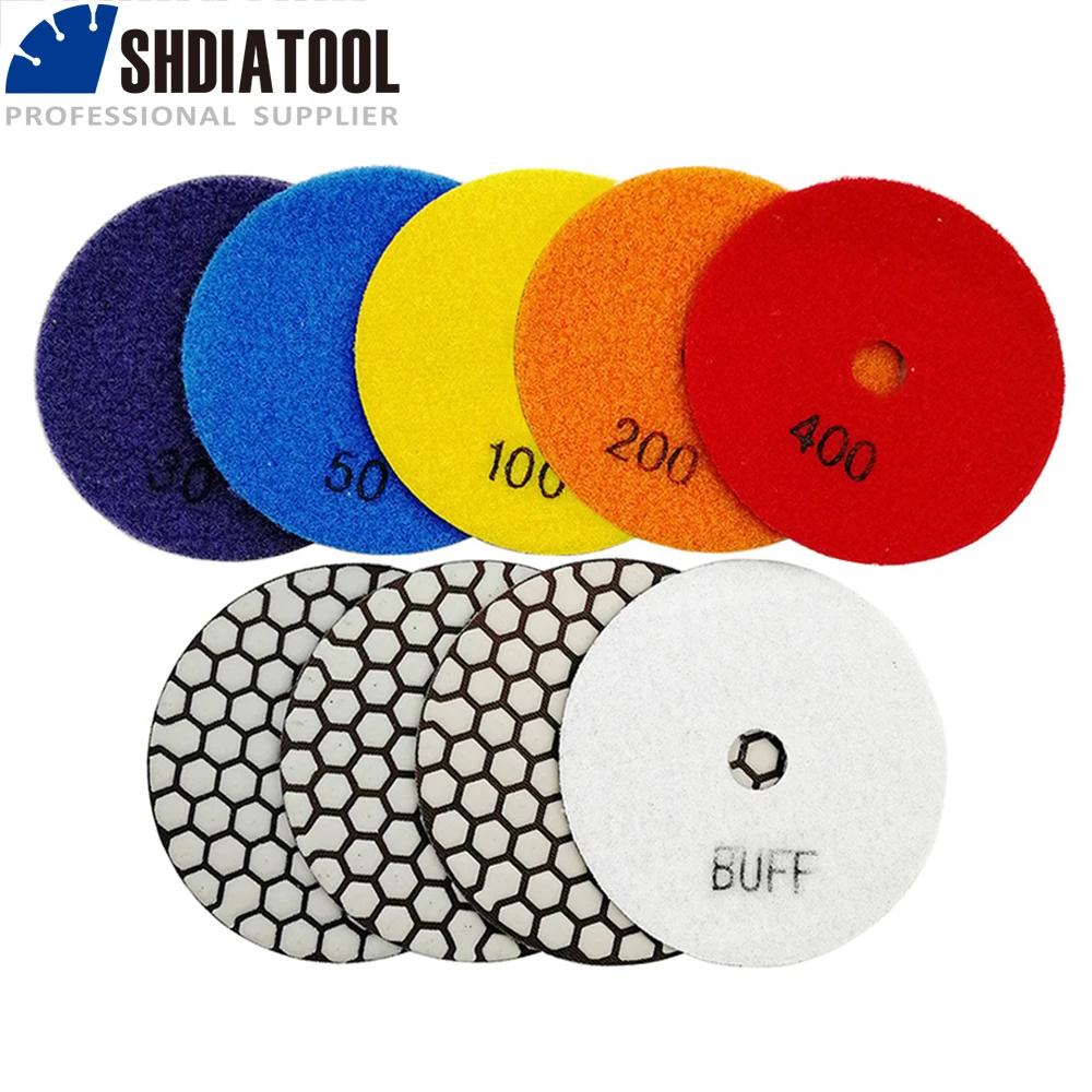 SHDIATOOL 6pcs/pk Diamond Dry Polishing Pads Granite Marble Flexible Resin Sanding Discs 100mm Ceramic Stone Polisher 4inches