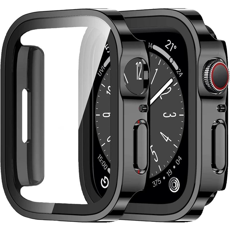 Glass+Case For Apple Watch 42 46mm 45mm 41mm 49mm 44mm 40mm straight edge Screen Protector Cover Case iWatch SE 6 7 8 9 10 Ultra