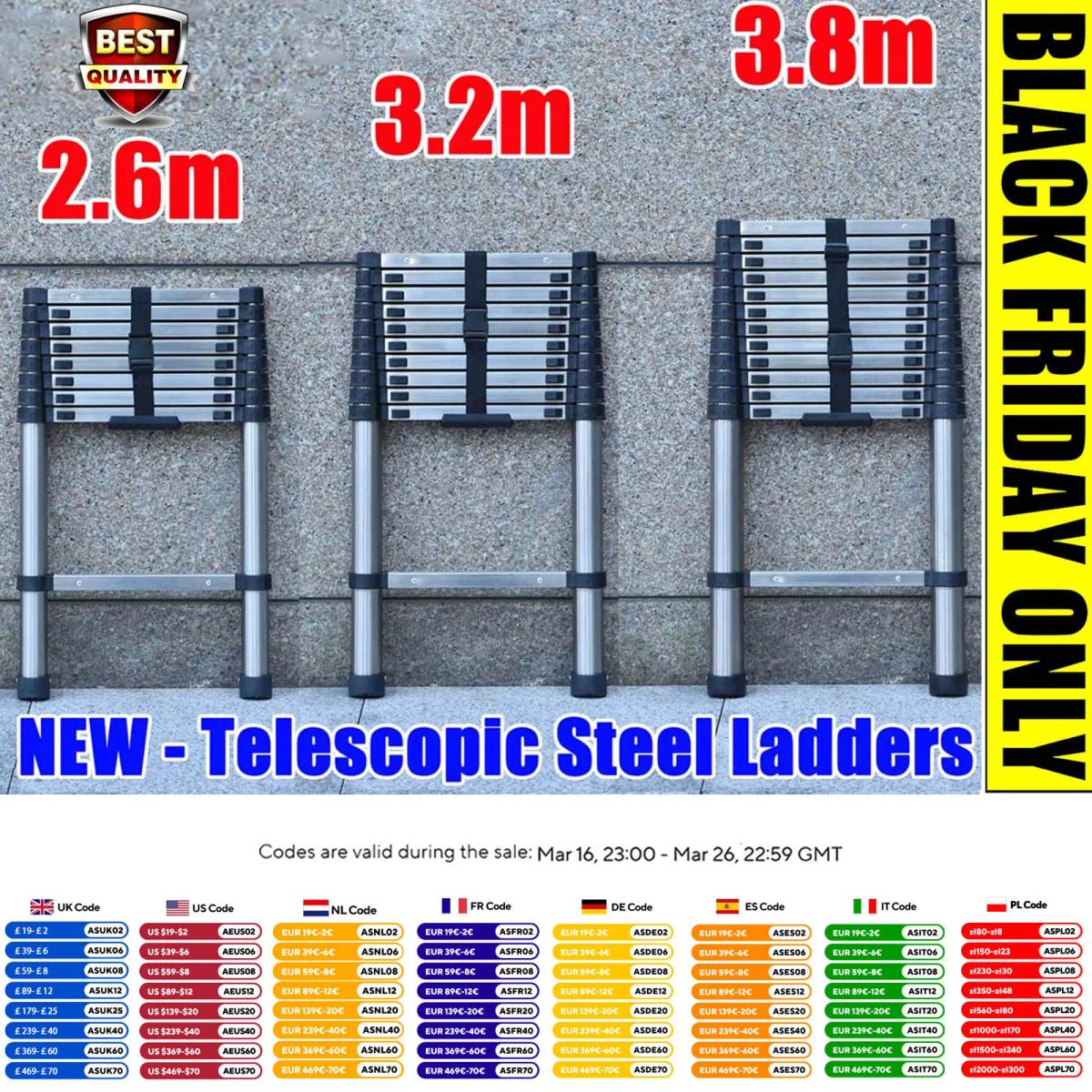 Ladders Extendable Telescopic 2.6M-5M Heavy Duty Multi Purpose Straight Loft Ladder Portable Folding Stainless Steel Ladder Tool