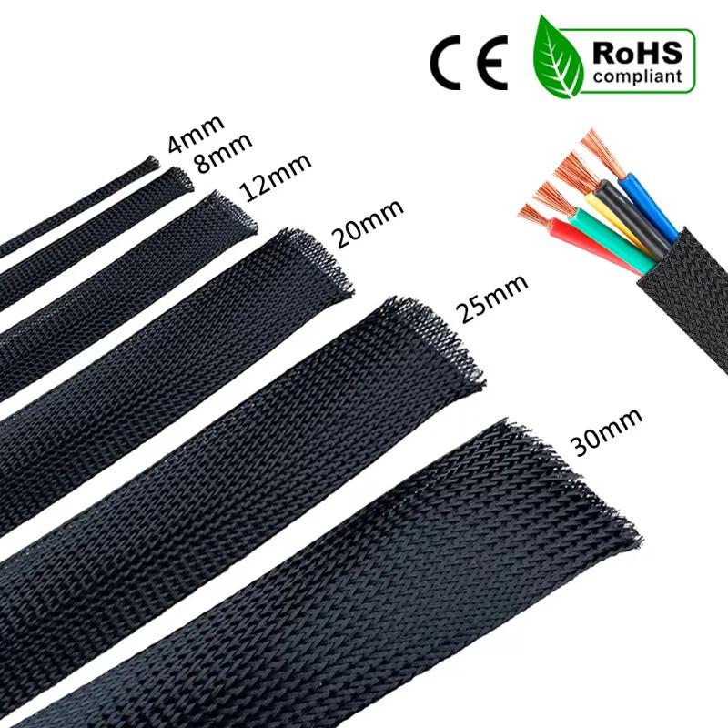 1/5/10M Black Insulated Braid Sleeving 6/8/10/30mm Tight PET Wire Cable Gland Protection Cable Sleeve Flame Retardant Nylon Tube