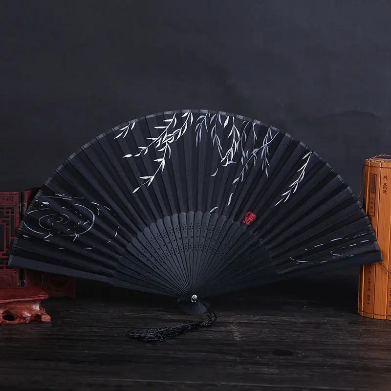 Bamboo Folding Fan Silk Chinese Style Fan Hand Women Black Fan Summer Female Dance Home Decoration Party Gift Home Ornament Fan