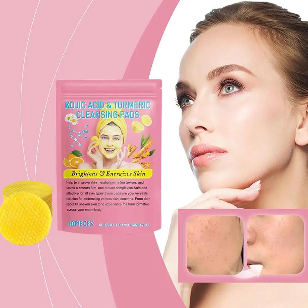 40pcs Turmeric Kojic Acid Exfoliating Cleansing Pads Fades Dark Spots Exfoliates Skin Pads Facial Clean Sponge