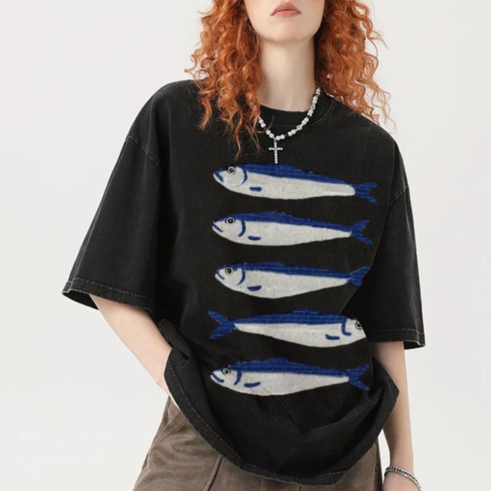 Gojo Cartoon Salted Fish Print Women's Loose T-Shirt Oversized Wash Short Sleeve Summer 2025 Fashion Design Casual Top