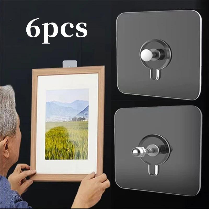 6Pcs Self-Adhesive Hook Strong Adhesive Nails Hooks Poster Seamless Wall Sticker Hook Transparent Kitchen Bathroom Screw Holder