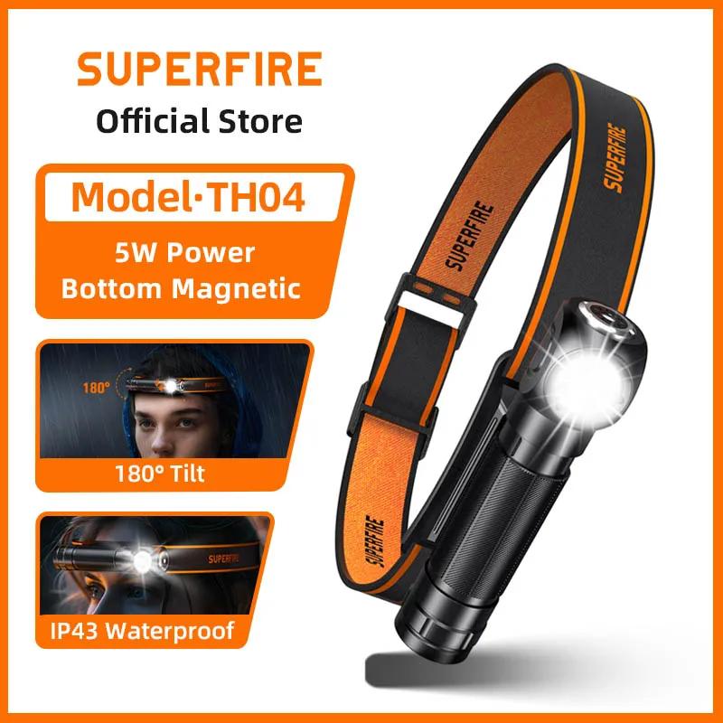 2025 SUPERFIRE TH04 LED Headlamp Type C Rechargeable 90° Headlight 18650 Flashlights with Indicator Magnet Tail, Head Flashlight