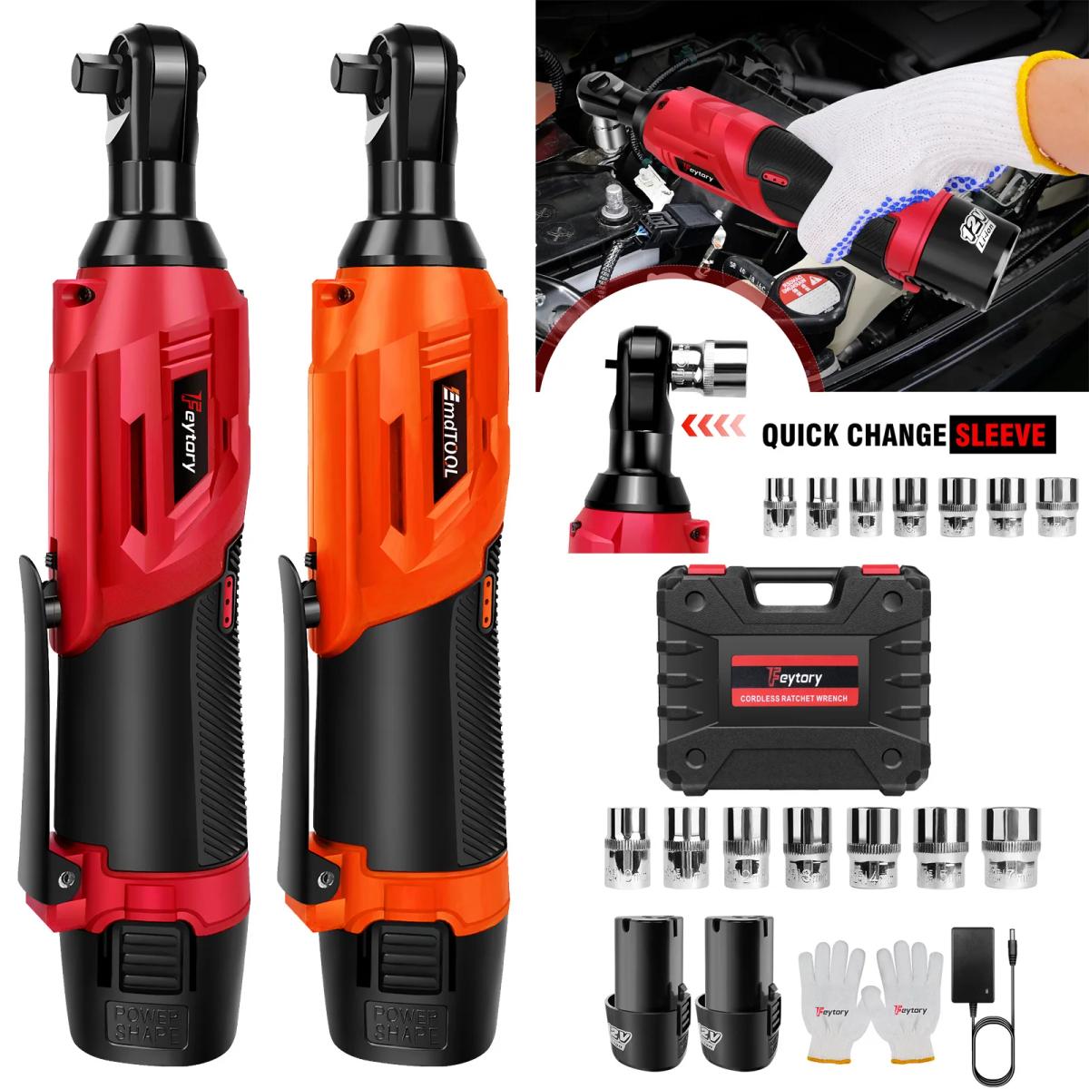 DayPlus 200NM 3/8" Cordless Electric Ratchet Wrench,90° Angle Wrench 12V Power Ratchet Tool with 2 Batteries & Charger+7 Sockets