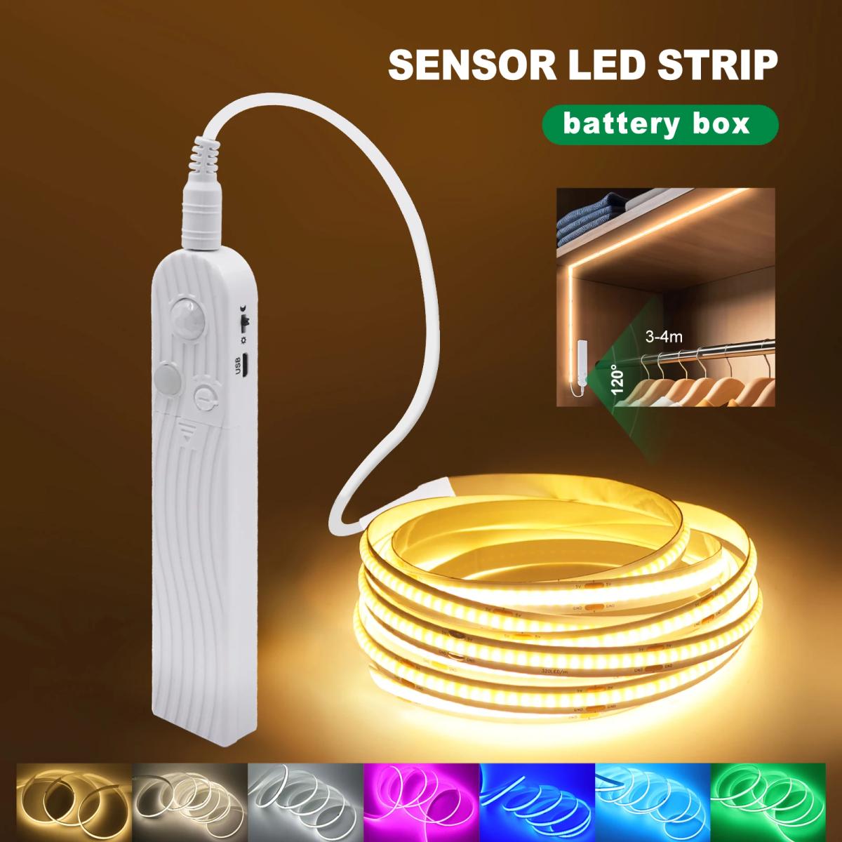 COB Led Strip 5V with Motion Sensor AAA Battery USB Powered Induction Night Light For Cabinet Warm White Red Blue Green Pink