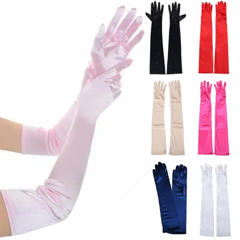 2025 Women's Evening Party Formal Gloves Solid Color Satin Long Finger Mittens forEvents Activities Red White Rose Color
