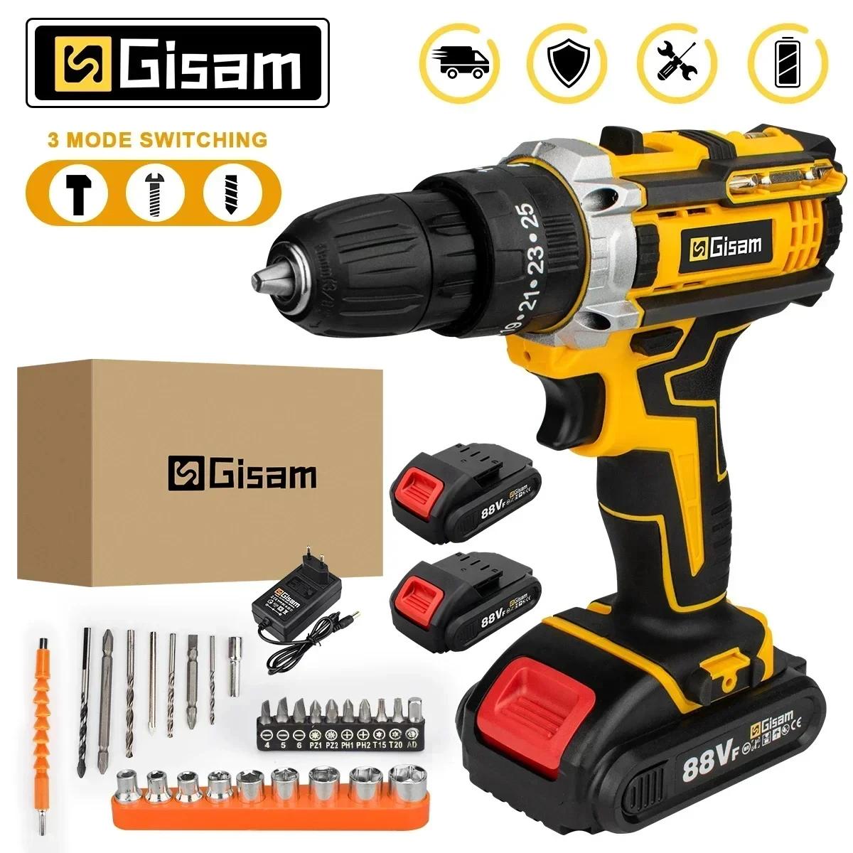 Gisam 25+3 Torque Electric Impact Screwdriver Multifunctional Cordless Drill Power Tool Setting 2 Gear Speed with 2 Batteries