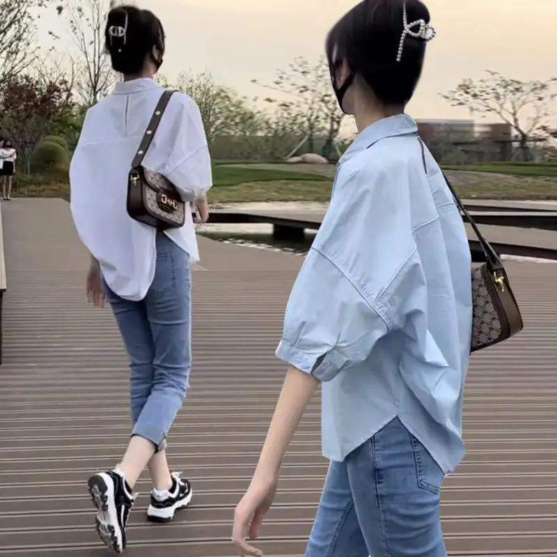 Cotton Mid-sleeve Thin Woman Blous Shir 2025 Summer New Loose Fashion Irregular Shirt Casual Vacation Top Korean Women's Clothes