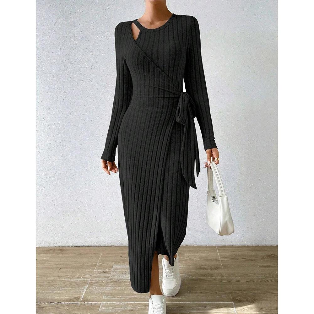 Mia Muse Women's Bodycon Dresses Asymmetric Knot Maxi Long Sleeve Slim Fit Round Neck Solid Autumn Dresses 2025 Woman