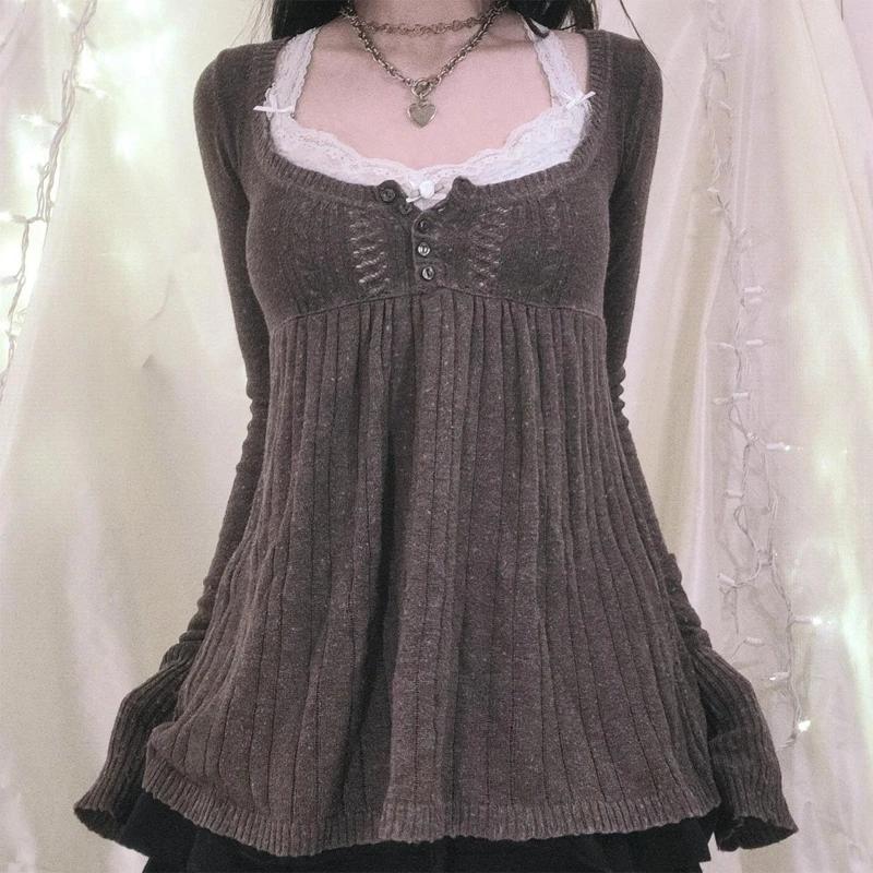 2000s Vintage Long Sleeve Babydoll Knitted Sweater Tops Cottage Milkmaid Pullovers Aesthetic Grunge Y2k Knitwear T-shirts Women